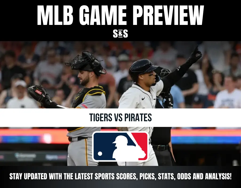 Baseball game preview for Tigers vs. Pirates, featuring players in action and the MLB logo.