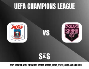 UEFA Champions League logo featuring AGF Aarhus vs SABAH, with a promotional message for sports updates.
