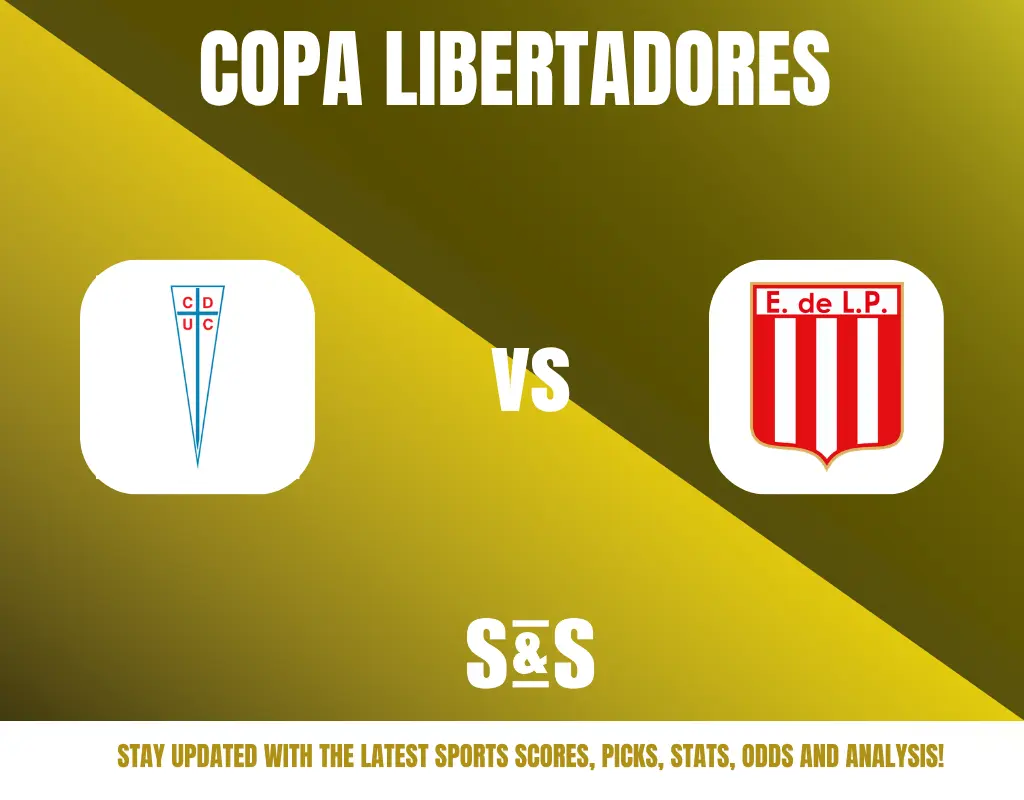 Copa Libertadores match graphic featuring logos of two teams, CD Universidad Catolica and Estudiantes de La Plata, with a promotional message for updates on sports scores, picks, stats, odds, and analysis.