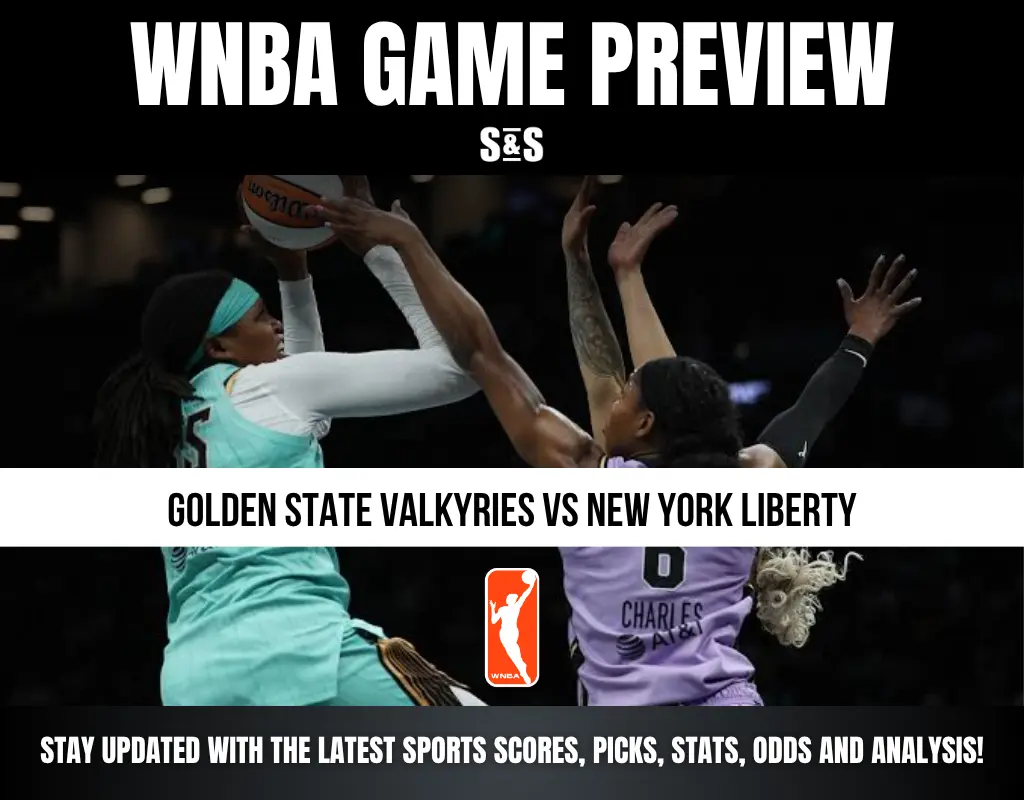 WNBA game preview featuring Golden State Valkyries player attempting shot while New York Liberty player defends during intense basketball game.