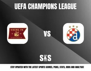 UEFA Champions League match preview featuring Viking FK Stavanger vs Dinamo Zagreb logos on a black and gray gradient background.