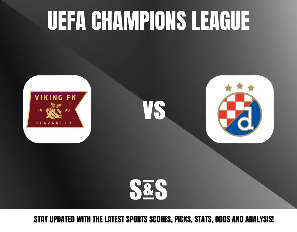 UEFA Champions League match preview featuring Viking FK Stavanger vs Dinamo Zagreb logos on a black and gray gradient background.
