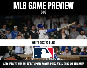 MLB game preview for White Sox vs Cubs featuring a Cubs player batting and catcher in action, with logos and fan-filled stadium background.