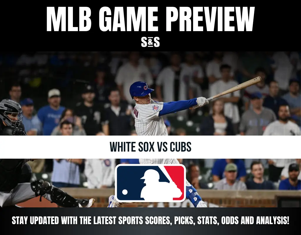 MLB game preview for White Sox vs Cubs featuring a Cubs player batting and catcher in action, with logos and fan-filled stadium background.