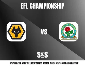 EFL Championship match promotion featuring Wolverhampton Wanderers vs Blackburn Rovers logos on a dark gradient background.