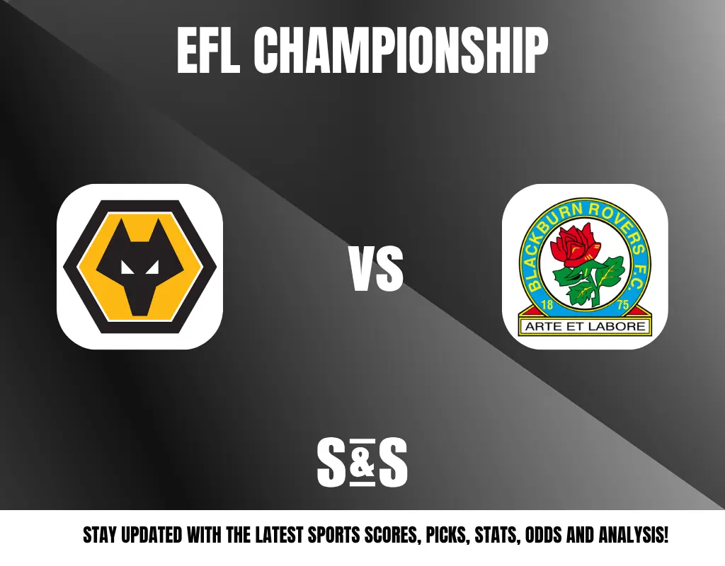 EFL Championship match promotion featuring Wolverhampton Wanderers vs Blackburn Rovers logos on a dark gradient background.