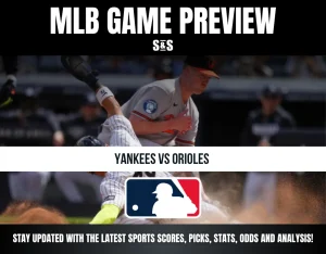 MLB game preview graphic featuring Yankees vs Orioles, with an action photo of players and the MLB logo.