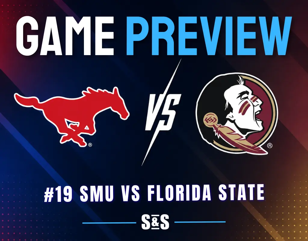 Game preview graphic showing #19 SMU Mustangs vs Florida State Seminoles logos for an upcoming game.