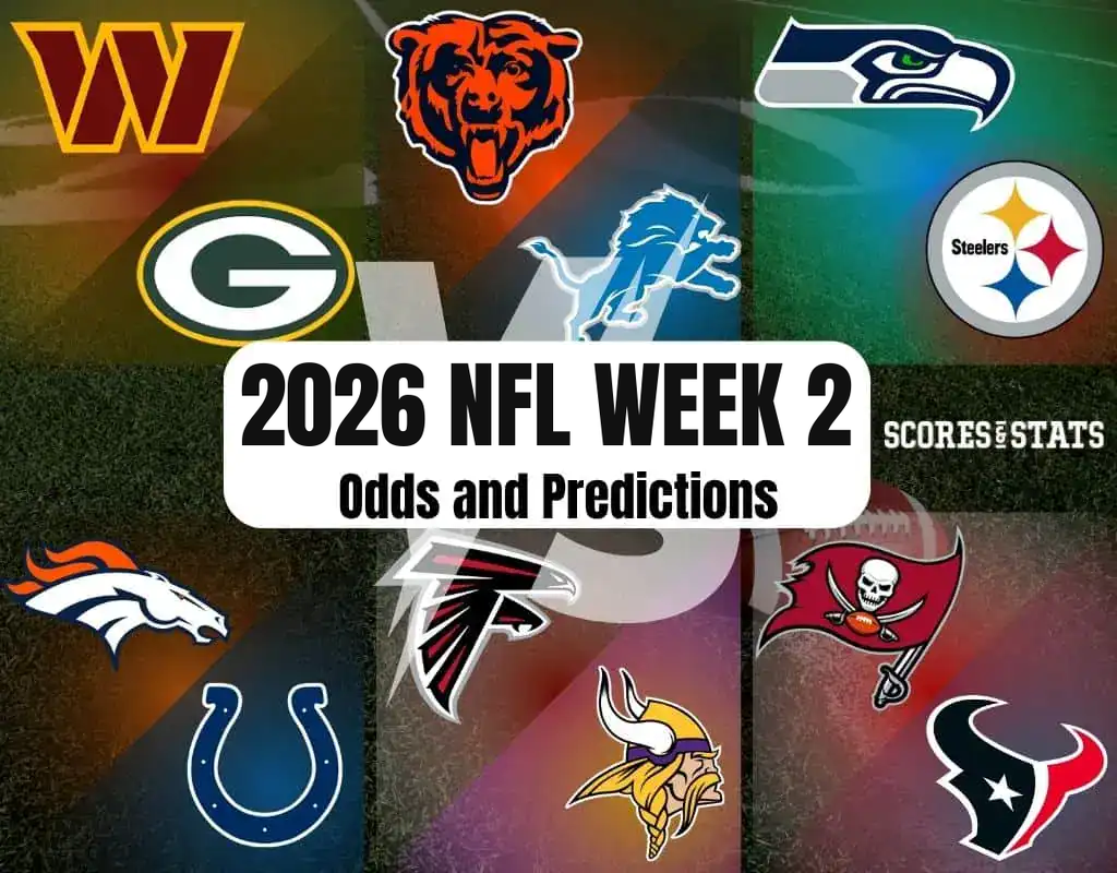 2026 NFL Week 2 odds and predictions featured image with team logos for the week 2 slate.