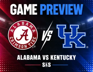 NCAAF game preview graphic featuring Alabama and Kentucky logos with crimson, blue, white, and black team-color background.