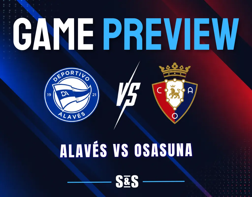 Alavés vs Osasuna: Deportivo Alavés and Osasuna logos separated by a white VS on a dark navy background with blue and red accents.