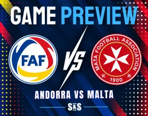 Game preview graphic featuring Andorra Football Federation (FAF) vs Malta Football Association logos and match details.