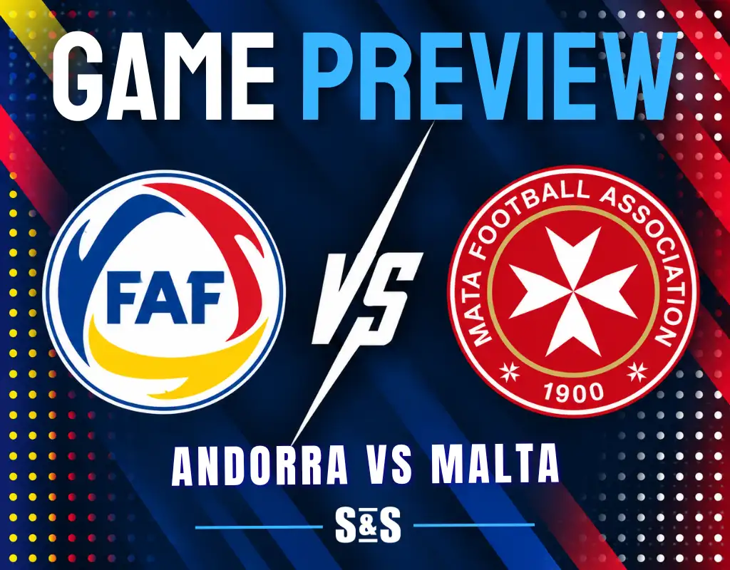 Game preview graphic featuring Andorra Football Federation (FAF) vs Malta Football Association logos and match details.