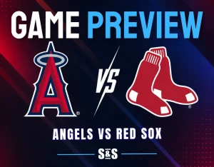 Game preview graphic featuring "Angels vs Red Sox" with team logos.