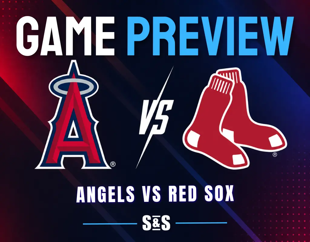 Game preview graphic featuring "Angels vs Red Sox" with team logos.