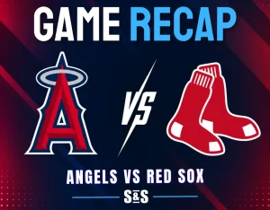 Game recap graphic showing logos of the Angels and Red Sox with "Angels vs Red Sox" text on a dark red and blue background.