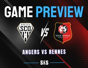 Angers vs Rennes: Angers SCO and Stade Rennais logos separated by a white VS on a dark background with black, white, and red accents.