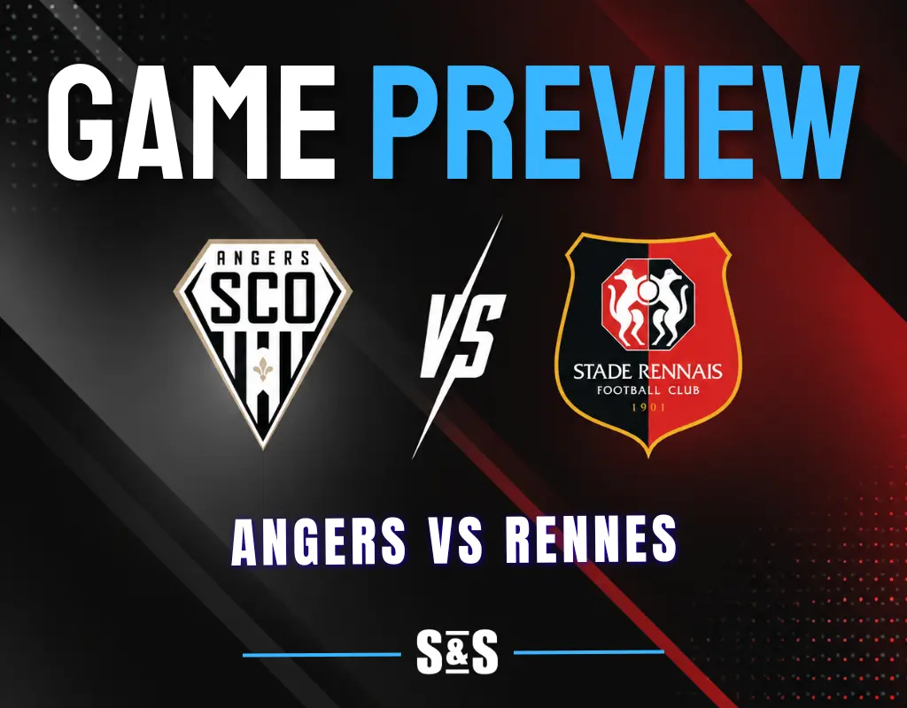 Angers vs Rennes: Angers SCO and Stade Rennais logos separated by a white VS on a dark background with black, white, and red accents.