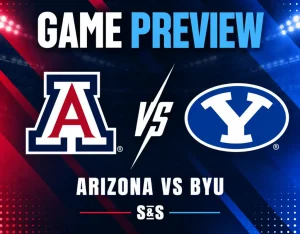 NCAAF game preview graphic featuring Arizona and BYU logos with red, navy, blue, and white team-color background.