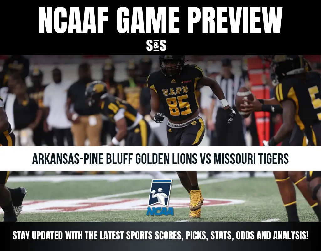 NCAAF game preview banner featuring Arkansas-Pine Bluff Golden Lions football player in black and yellow uniform, mid-play.