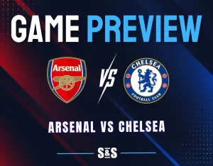 Arsenal vs Chelsea: Arsenal and Chelsea logos separated by a white VS on a dark navy background with red and royal-blue accents.