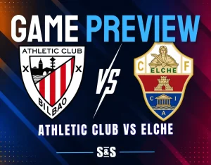 Athletic Club and Elche club crests separated by a white VS graphic on a dark soccer matchup background.
