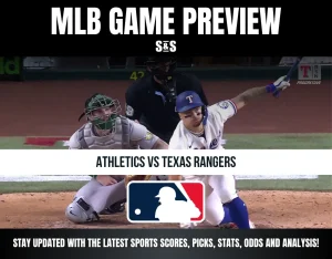 MLB game preview featuring Athletics vs Texas Rangers with a batter swinging and a catcher ready behind home plate.