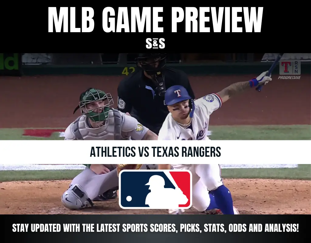 MLB game preview featuring Athletics vs Texas Rangers with a batter swinging and a catcher ready behind home plate.
