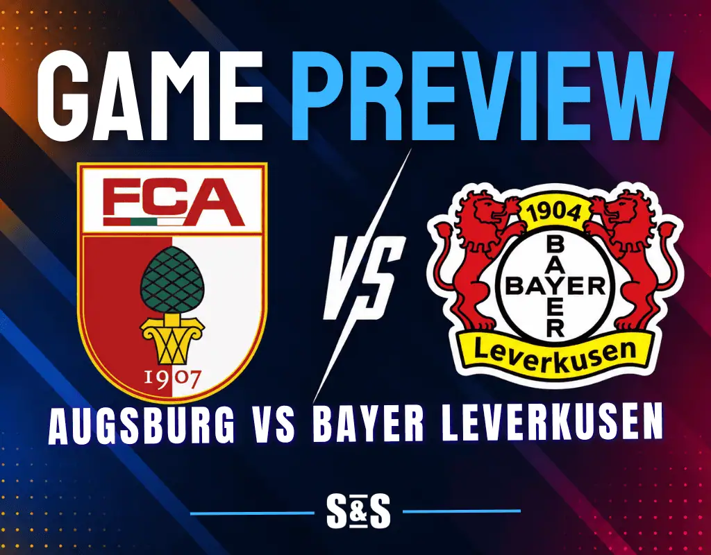 Augsburg and Bayer Leverkusen club crests separated by a white VS graphic on a dark soccer matchup background.