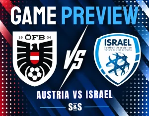 Game preview graphic showing Austria vs Israel football teams with their logos and a blue-red dotted background.