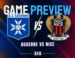 Auxerre and Nice club crests separated by a white VS graphic on a dark soccer matchup background.