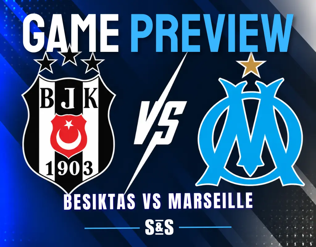 Game preview graphic for Besiktas vs Marseille, featuring the logos of both teams.