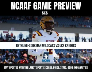 NCAAF game preview featuring a Bethune-Cookman Wildcats player against UCF Knights with NCAA and S&S branding.
