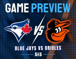 Game preview graphic featuring Blue Jays and Orioles logos with text "Blue Jays vs Orioles" on a blue and orange dotted background.