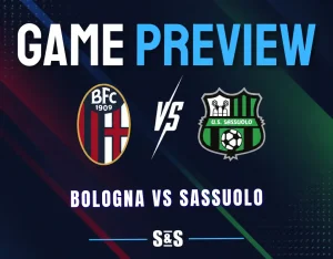 Bologna vs Sassuolo: Bologna FC and Sassuolo logos separated by a white VS on a dark navy background with red, blue, green, and black accents.