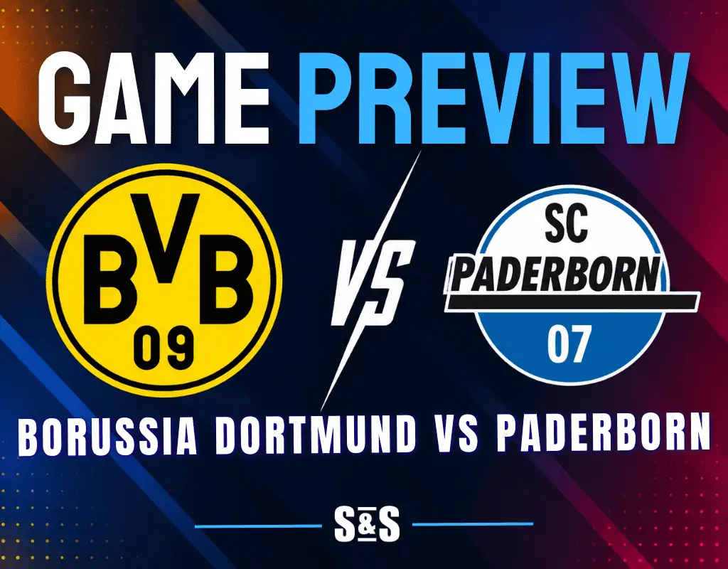 Borussia Dortmund and Paderborn club crests separated by a white VS graphic on a dark soccer matchup background.