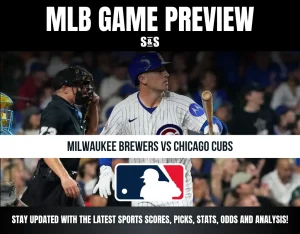 MLB game preview for Milwaukee Brewers vs Chicago Cubs, featuring a Cubs batter at the plate and the MLB logo below.