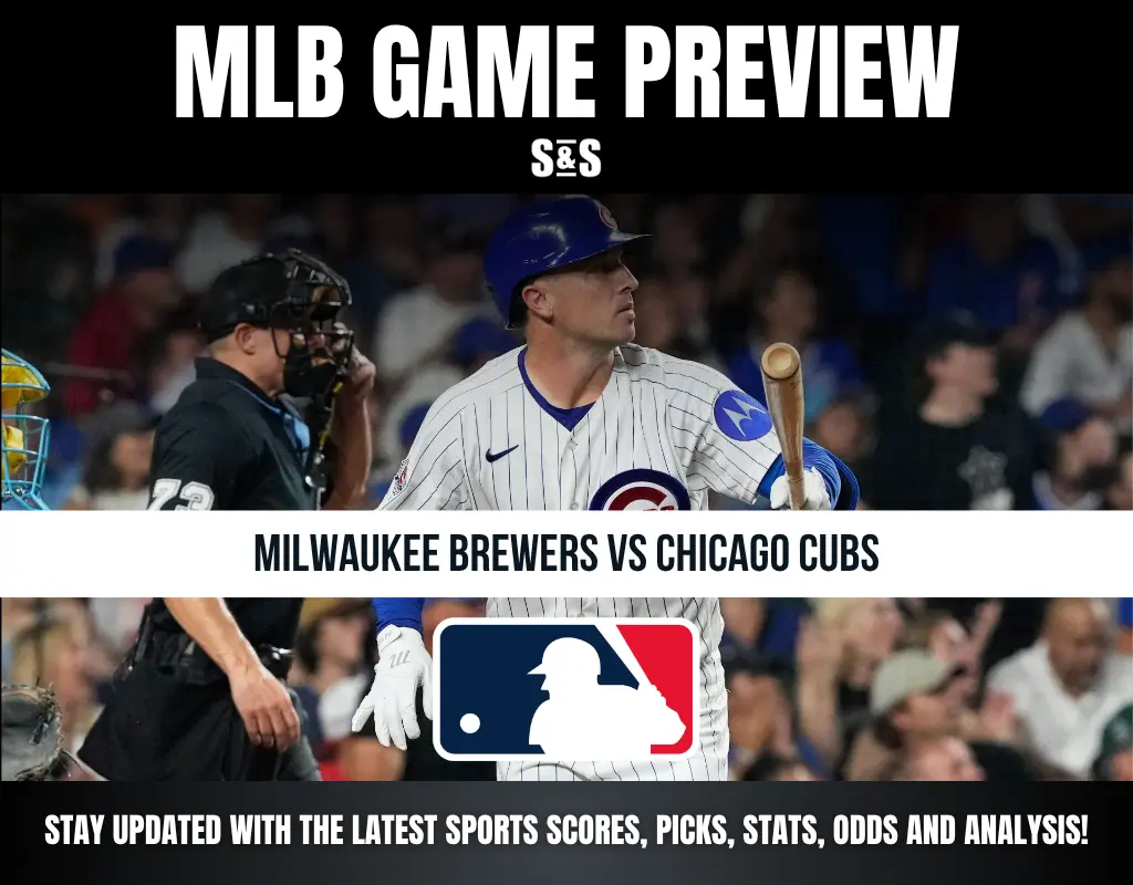 MLB game preview for Milwaukee Brewers vs Chicago Cubs, featuring a Cubs batter at the plate and the MLB logo below.