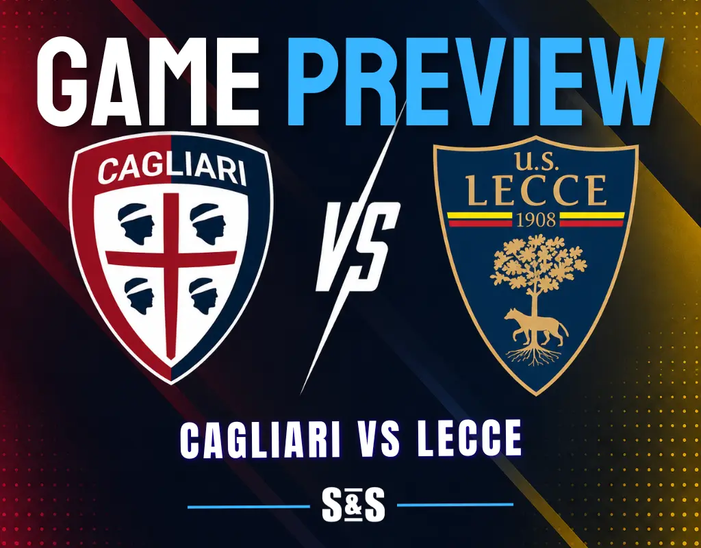 Game preview graphic showing the football match between Cagliari and U.S. Lecce with both team logos.