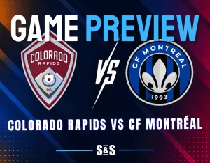 Colorado Rapids and CF Montréal club crests separated by a white VS graphic on a dark MLS matchup background.