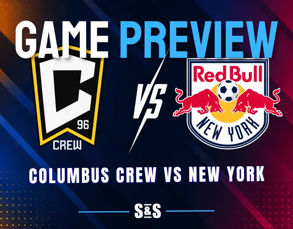 Columbus Crew and New York Red Bulls club crests separated by a white VS graphic on a dark MLS matchup background.