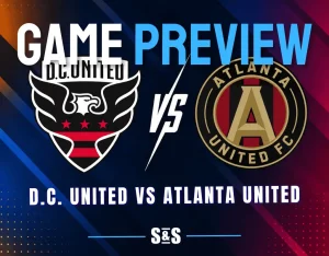 D.C. United and Atlanta United club crests separated by a white VS graphic on a dark MLS matchup background.