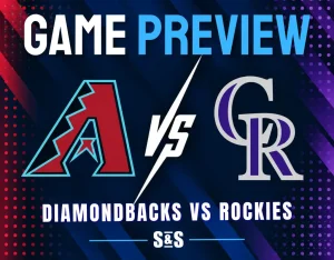 A game preview graphic featuring the Arizona Diamondbacks and Colorado Rockies logos separated by a white slash on a dark blue and purple background.