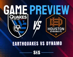 San Jose Earthquakes and Houston Dynamo club crests separated by a white VS graphic on a dark MLS matchup background.