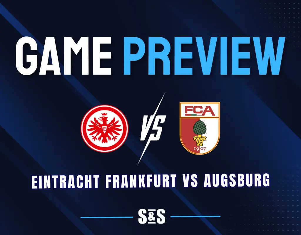 Eintracht Frankfurt vs Augsburg logos separated by a white VS on a dark navy background with blue accents.