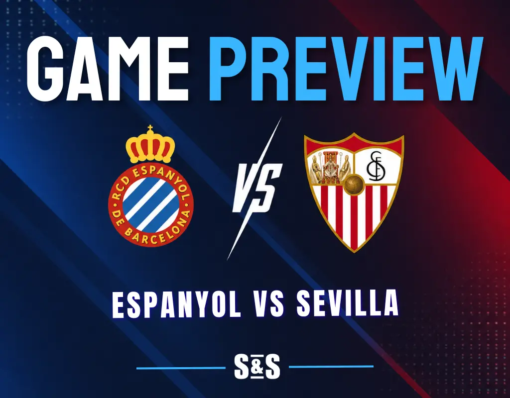 Espanyol vs Sevilla: RCD Espanyol and Sevilla FC logos separated by a white VS on a dark navy background with blue and red accents.