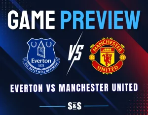 Everton vs Manchester United: Everton and Manchester United logos separated by a white VS on a dark navy background with blue and red accents.