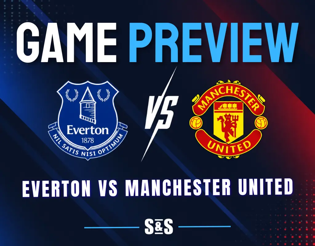 Everton vs Manchester United: Everton and Manchester United logos separated by a white VS on a dark navy background with blue and red accents.