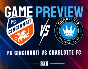 FC Cincinnati and Charlotte FC club crests separated by a white VS graphic on a dark MLS matchup background.