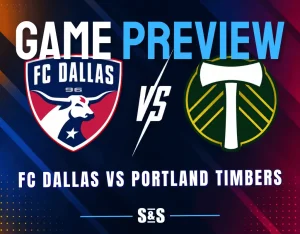 FC Dallas and Portland Timbers club crests separated by a white VS graphic on a dark MLS matchup background.